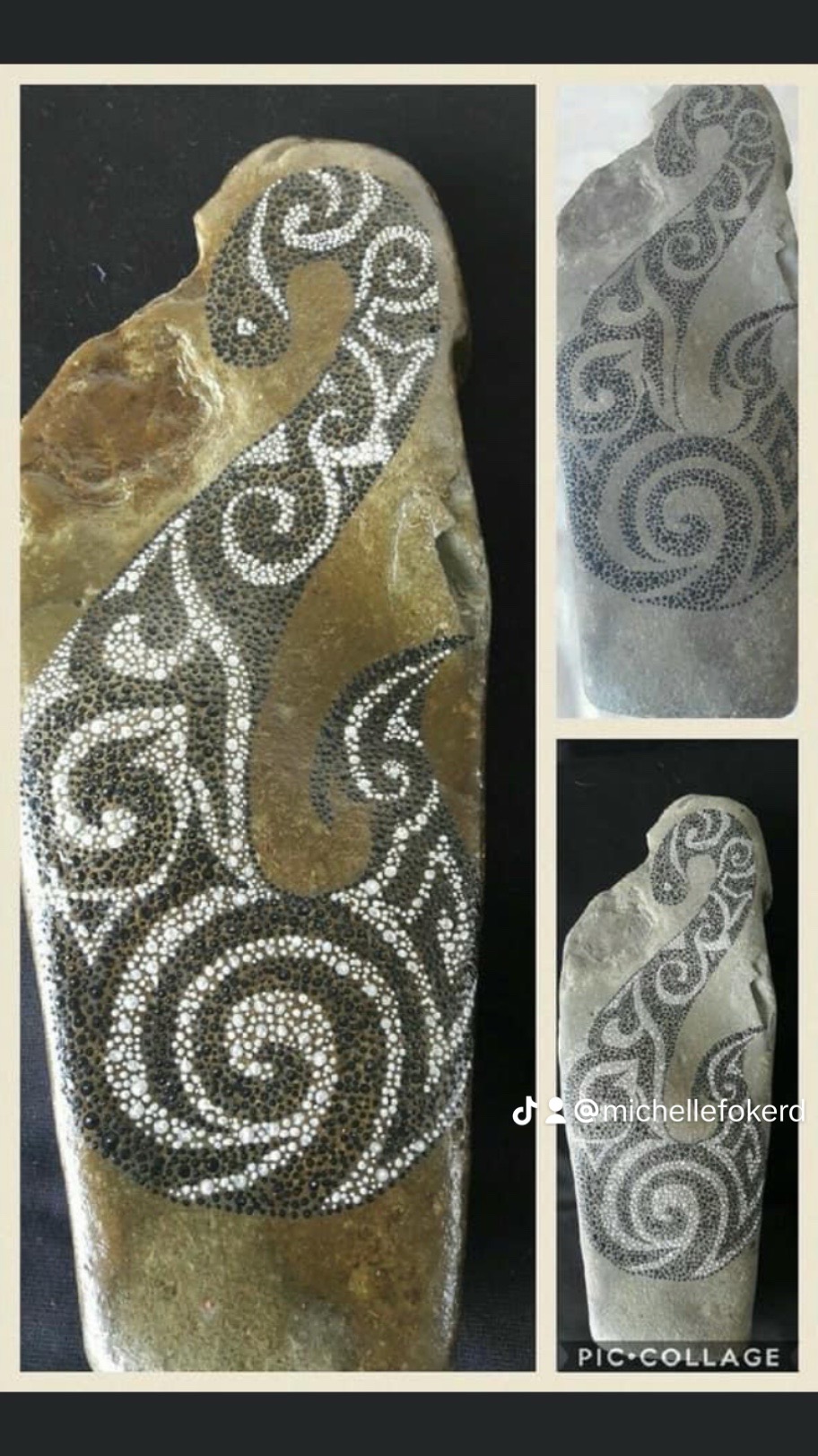 Koru spiral dot art on natural stone